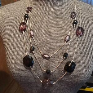 Women’s 3 Layered Strands with Silver Toned Chain - Black and Purple Beads